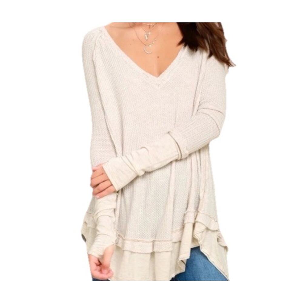 We The Free People Womens XS Beige Waffle Knit Laguna Thermal Oversized Bohemian